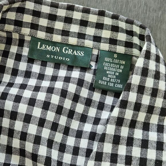 Vtg Lemon Grass Black Gingham Plaid Embroidered Picnic Button-Up Shirt Novelty S - Picture 8 of 12
